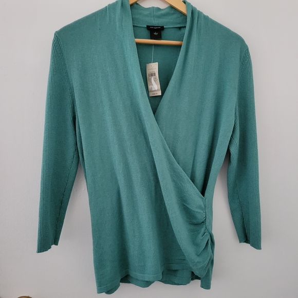 Ann Taylor Tops - Ann Taylor || Large Green Wrap V Neck Ribbed 3/4 Sleeves Sweater Top